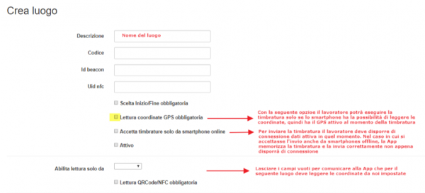 creare un luogo di lavoro identificato tramite coordinate GPS