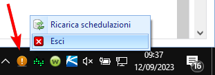 Icona Alert Manager nella barra di stato con visualizzato il menu di chiusura.